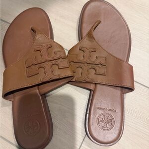 Tory Burch Cognac Leather Logo Slide Sandals